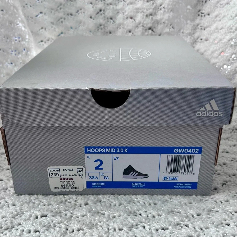 Adidas Hoops Mid 3.0 kids sneaker- black/ white boys size 2 - Picture 12 of 12